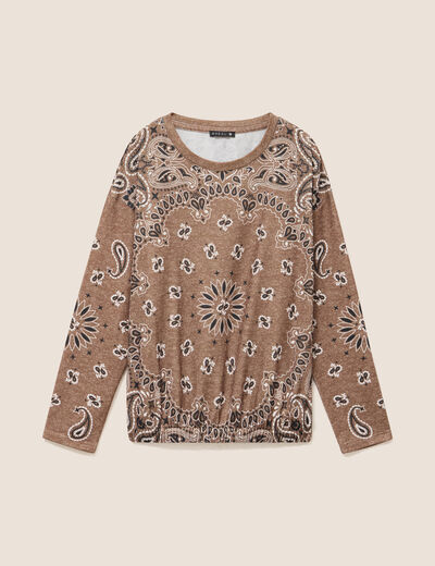Pull col rond manches longues strass marron femme