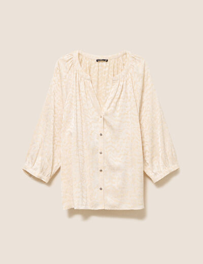 Chemise ample jacquard col v manches 3/4 blanc femme