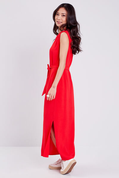 Robe longue droite ceinturée rouge femme
