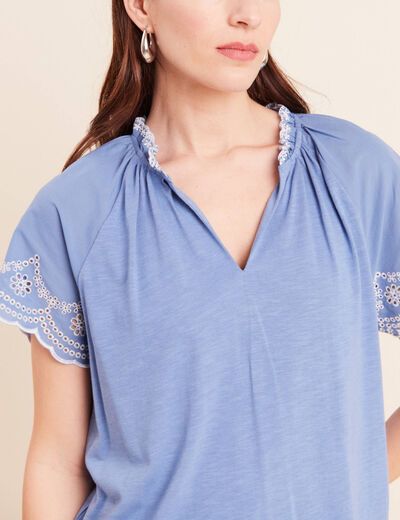 Blouse col tunisien manches courtes bleu ciel femme