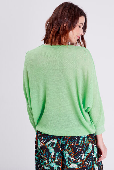 Pull manches longues col en V vert fluo femme