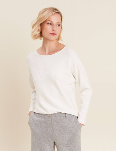 Pull manches longues strass ecru femme