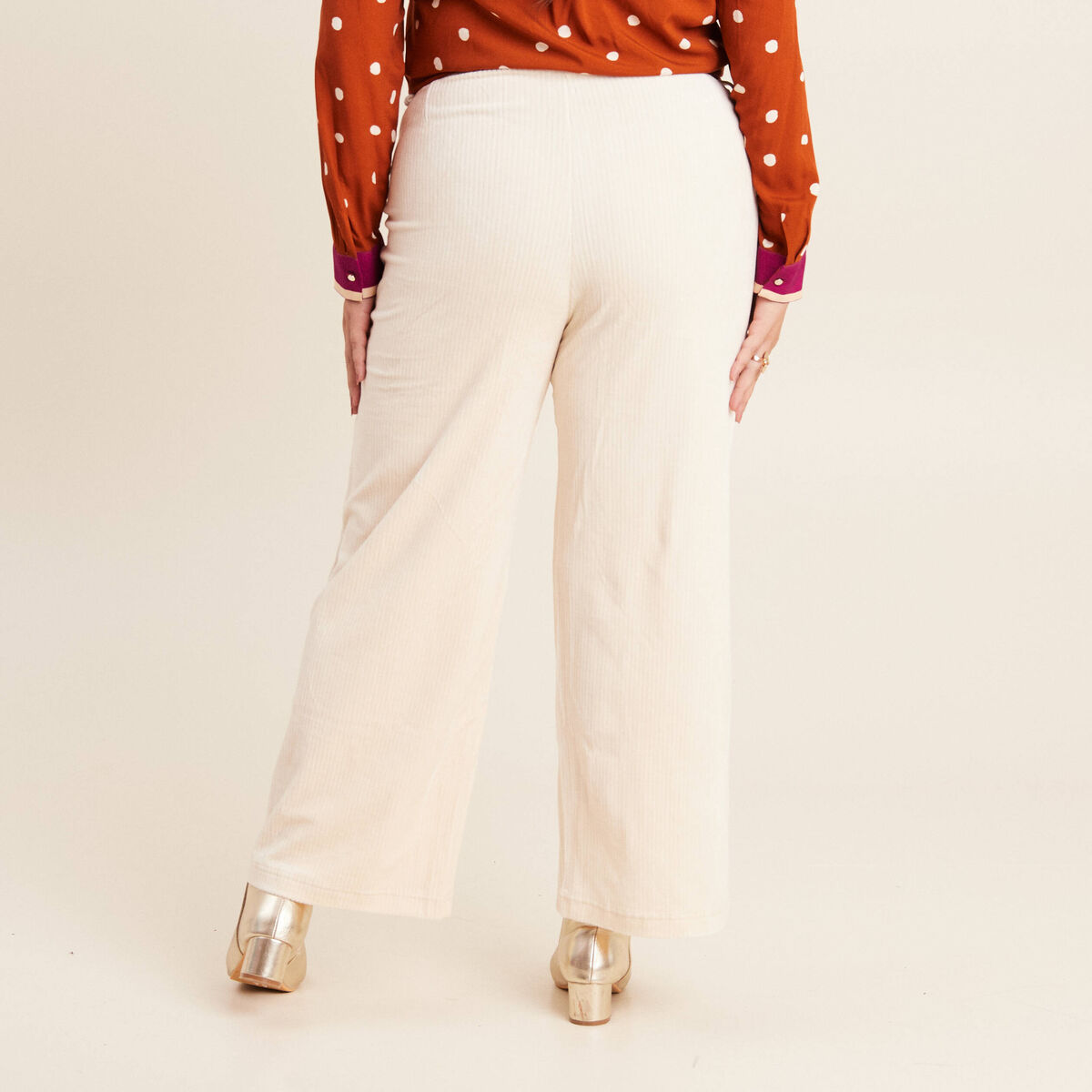 Pantalon large velours ivoire femme