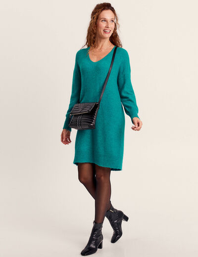 Robe pull droite col en V vert canard femme