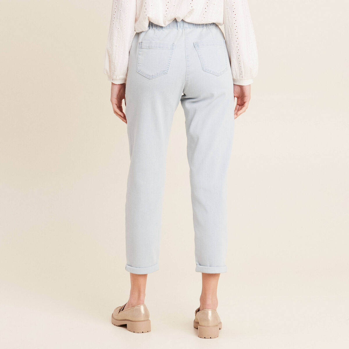 Jean large à coulisse denim bleach femme