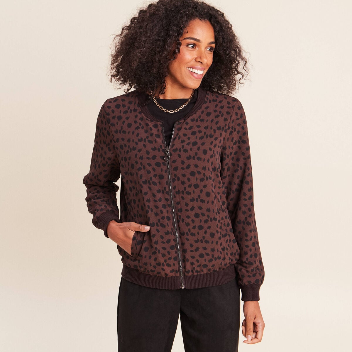 Gilet r&eacute;versible manches longues marron fonc&eacute; femme
