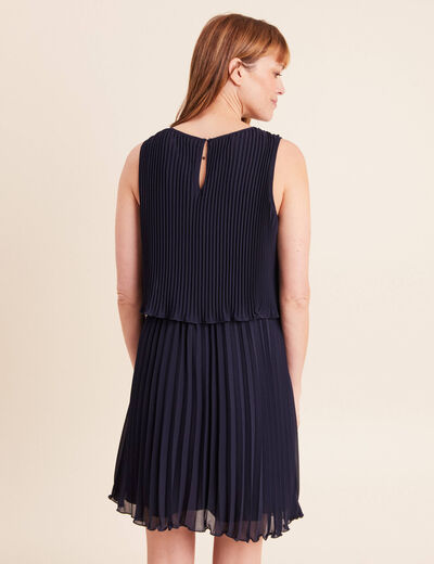 Robe pliss&eacute;e sans manches col rond bleu marine femme