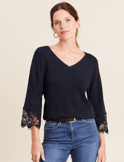 Pull manches 3/4 macramé bleu foncé femme