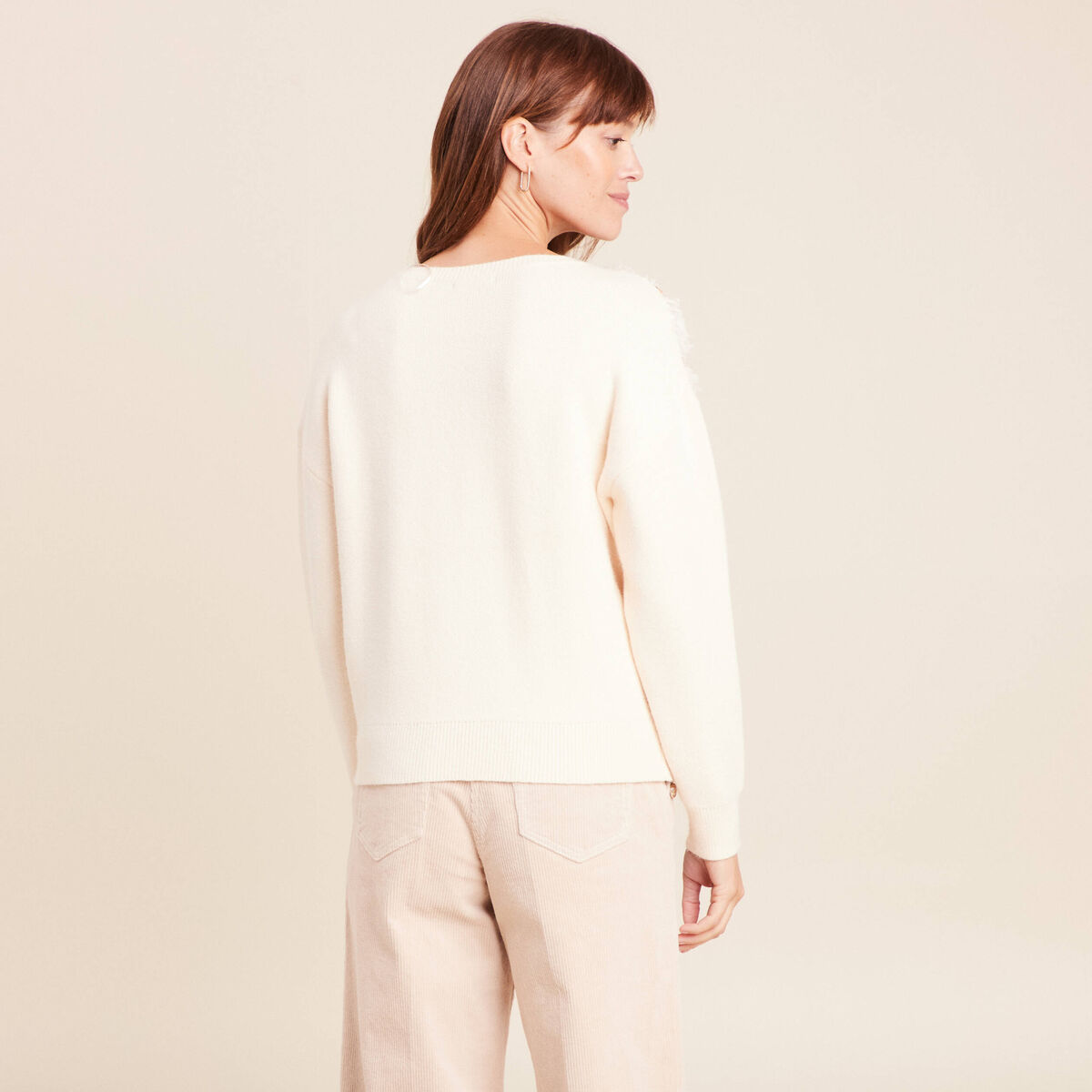 Pull col rond manches longues doubl&eacute; ecru femme