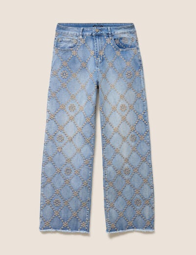 Jean taille haute avec broderie blanc femme
