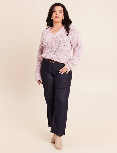 Pull droit long col v manches longues rose fushia femme