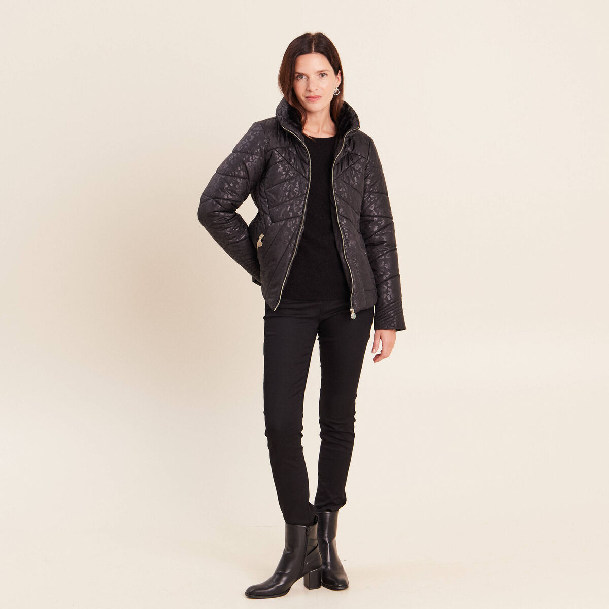 Doudoune d&eacute;perlante droite zipp&eacute;e noir femme