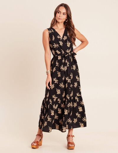 Robe longue &eacute;vas&eacute;e col v sans manches noir femme