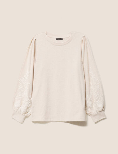 Sweat duveteux col rond manches longues creme femme