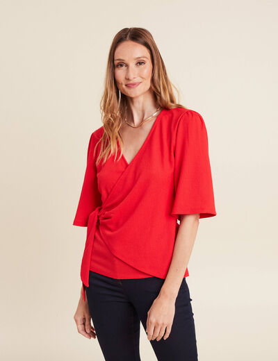 Blouse col V manches coude rouge femme