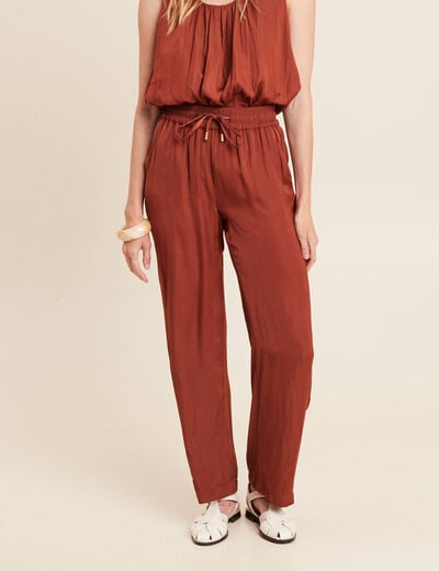 Pantalon large taille haute marron foncé femme