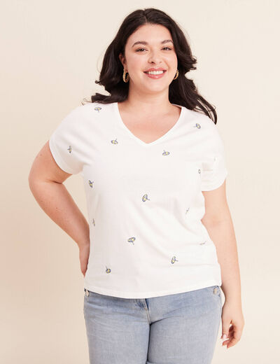 T-shirt col v broderie manches courtes ecru femme