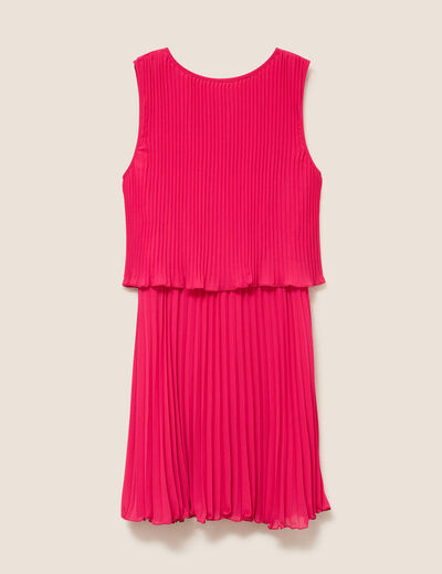 Robe pliss&eacute;e sans manches col rond rose fushia femme