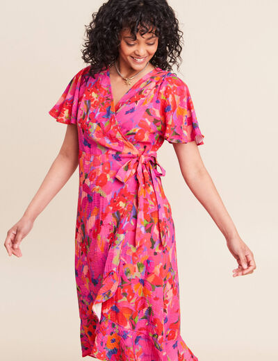 Robe courte &eacute;vas&eacute;e col v manches courtes rose femme