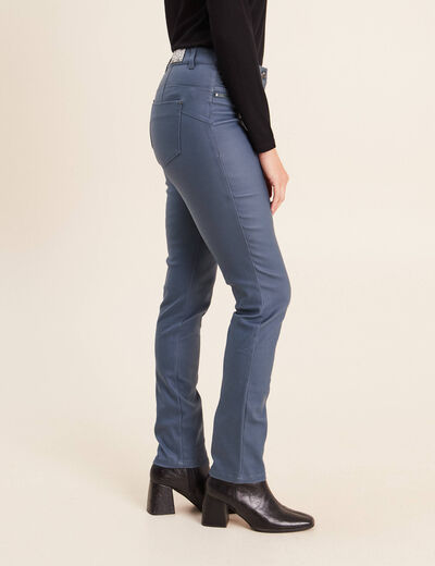 Pantalon enduit ajust&eacute; taille bascul&eacute;e bleu fonc&eacute; femme