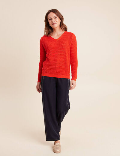 Pull manches longues col en V orange fonc&eacute; femme