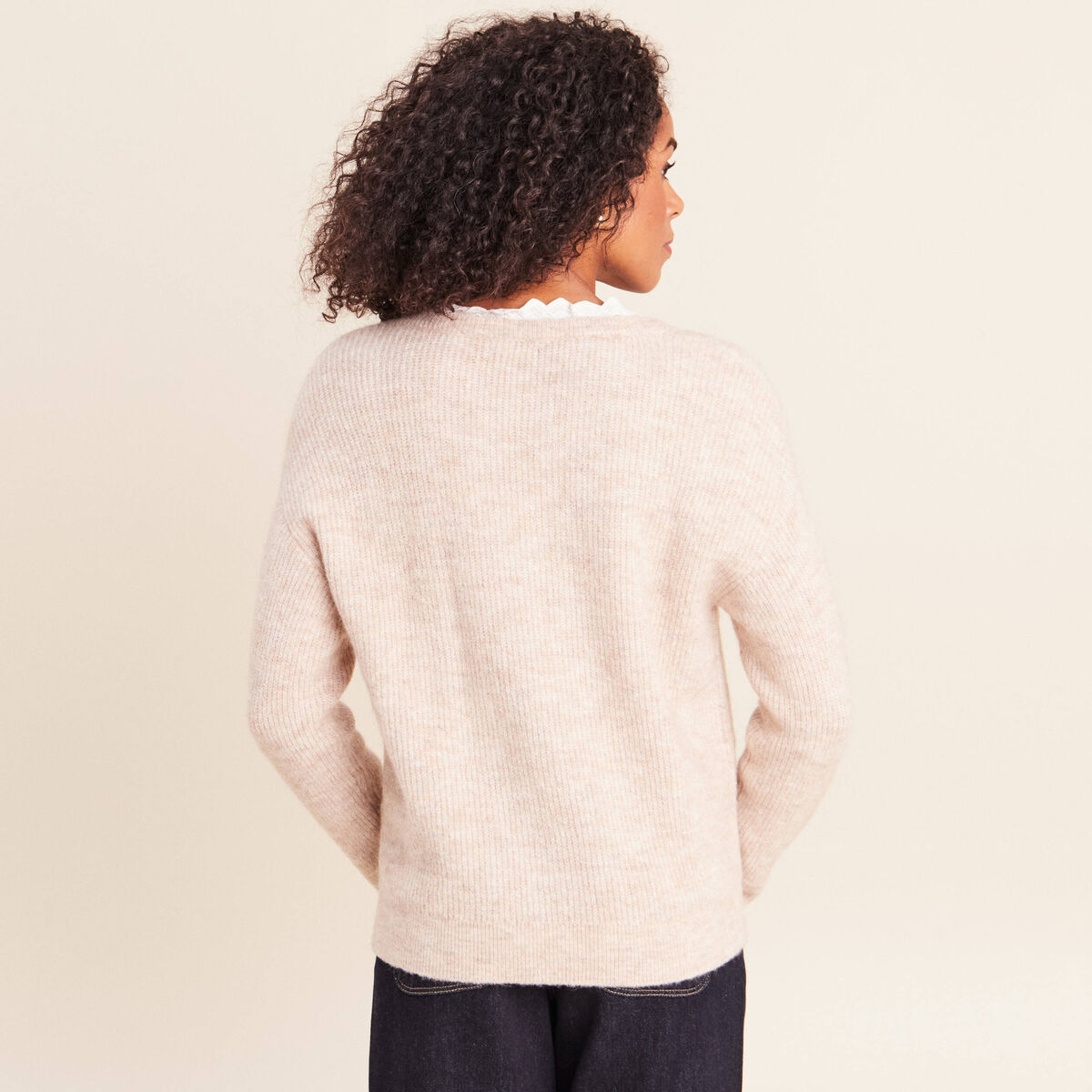 Pull col v beige femme