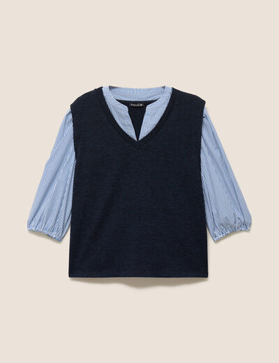 T-shirt 2 en 1 col tunisien manches 3/4 bleu marine femme