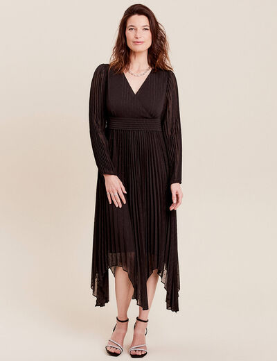 Robe longue évasée plissée noir femme