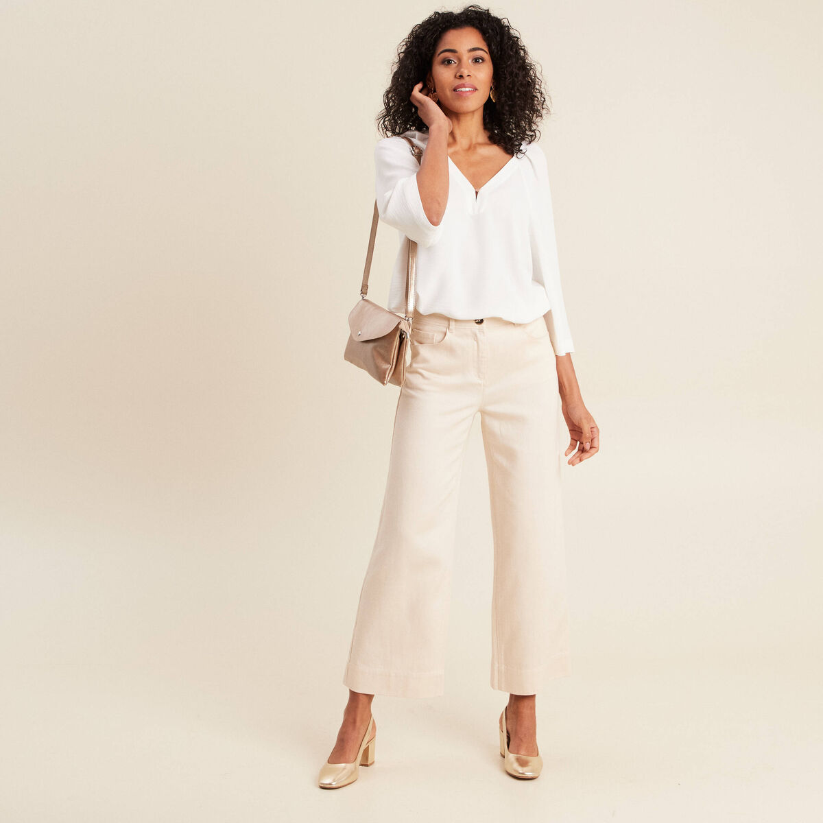 Pantalon large 7/8ème ivoire femme