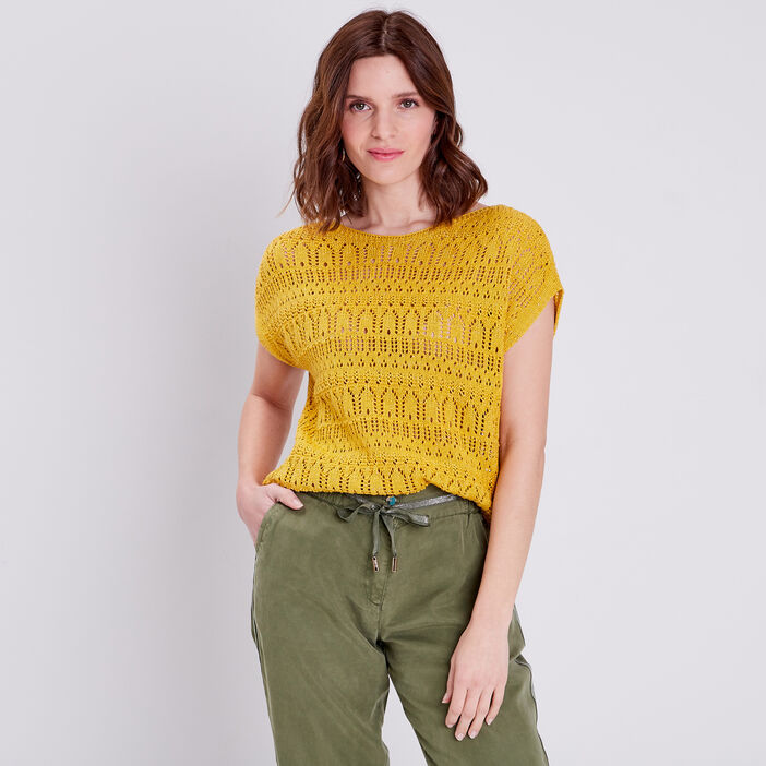 Pull manches courtes ajourés jaune clair femme
