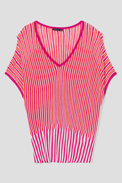 Pull manches courtes col en V rose fushia femme