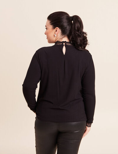 T-shirt cintr&eacute; col montant dentelle noir femme