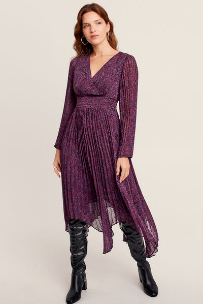 Robe longue droite plissée violet femme