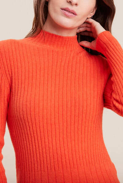 Pull manches longues côtelé orange femme