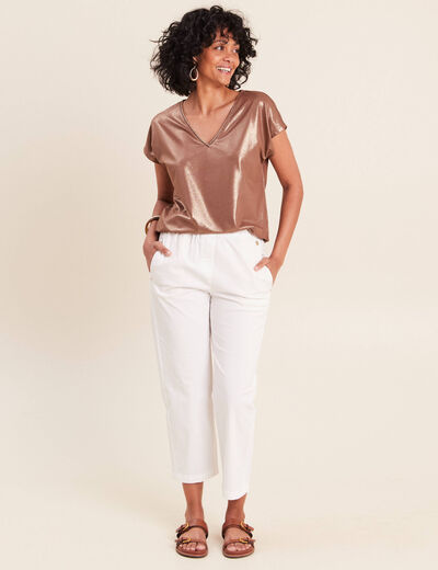 T-shirt col V manches courtes marron femme