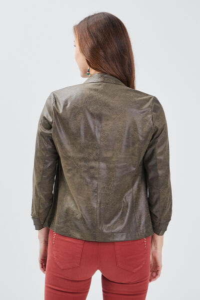 Veste droite col châle vert kaki femme