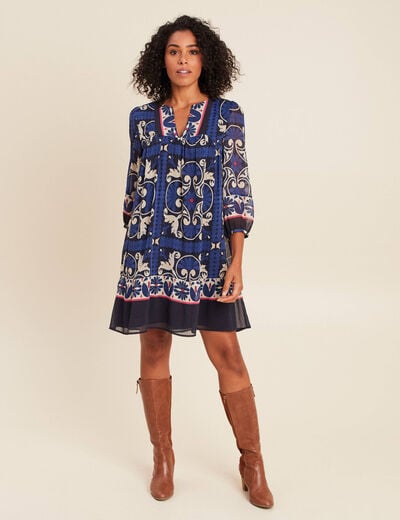 Robe courte &eacute;vas&eacute;e col tunisien bleu femme