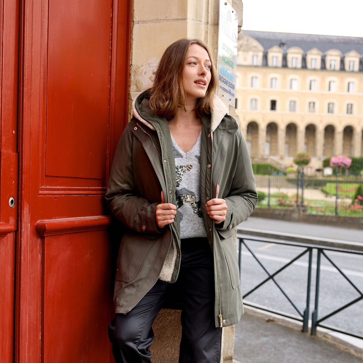 Parka cintr&eacute;e 4 en 1 avec capuche vert kaki femme