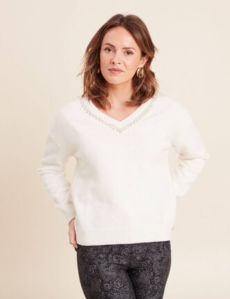 Pull col v manches longues brillant ecru femme
