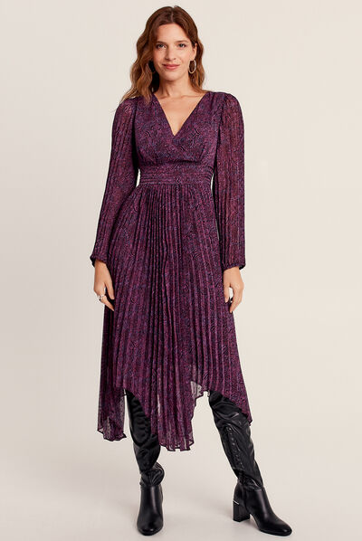 Robe longue droite plissée violet femme