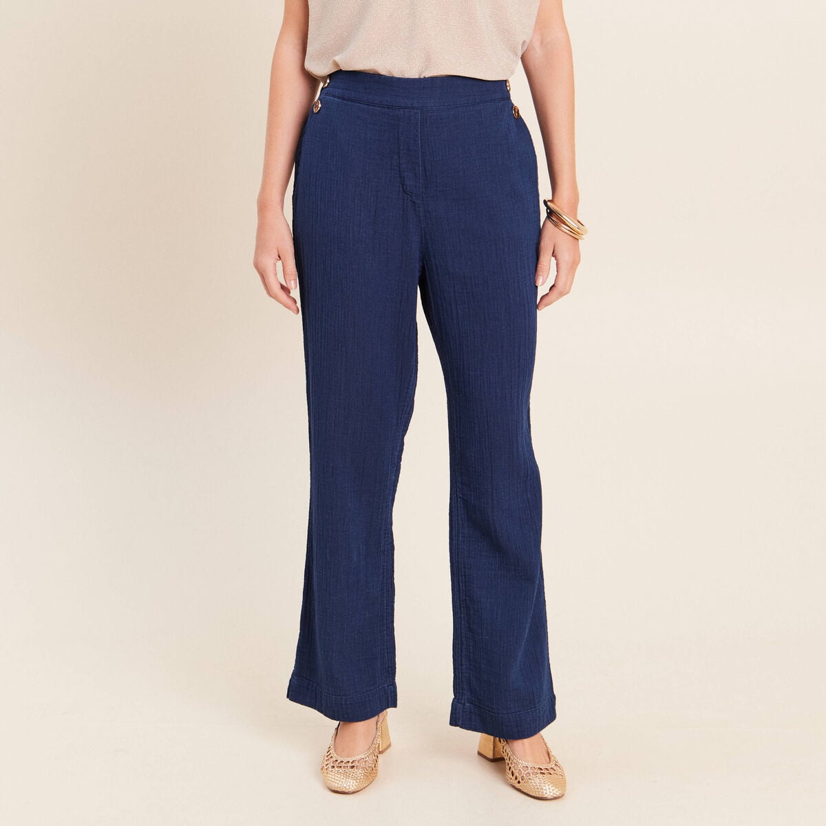 Pantalon large 7/8&egrave;me taille haute bleu roi femme