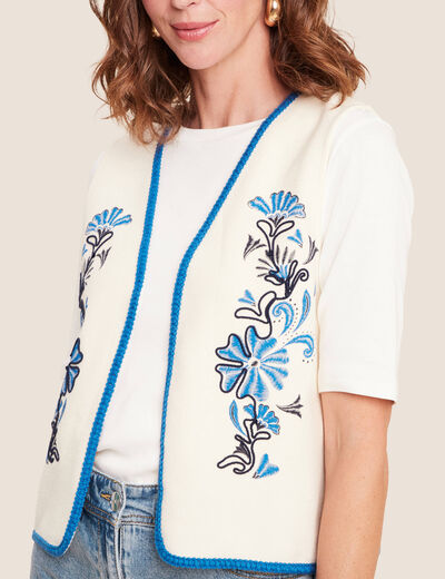 Gilet sans manches brodé tressé ecru femme
