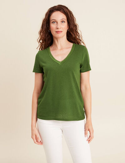 T-shirt manches courtes col en V vert foncé femme