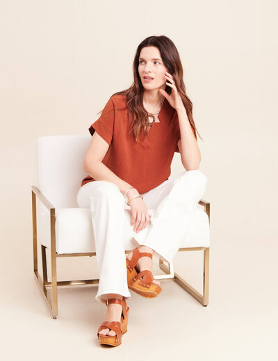 Blouse fluide manches courtes marron fonc&eacute; femme