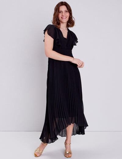 Robe longue évasée à volants noir femme