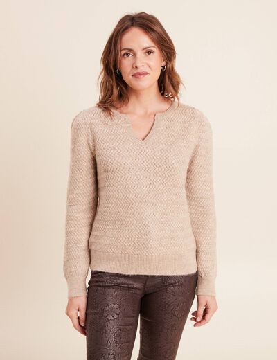 Pull col tunisien manches longues beige femme