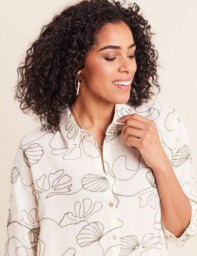 Chemise broderie col chemise manches 3/4 vert femme