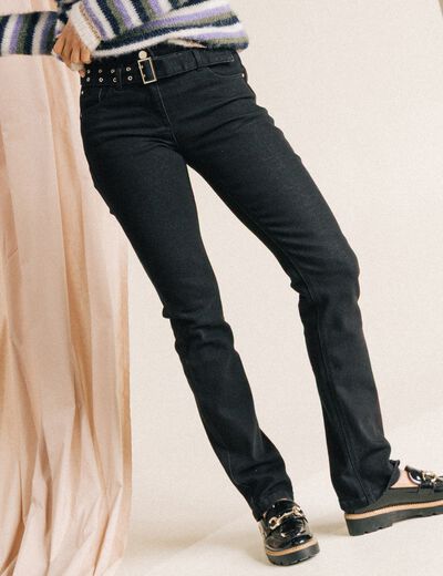 Jean droit ceintur&eacute; taille standard noir femme