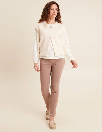 Top dentelle col rond manches longues ecru femme