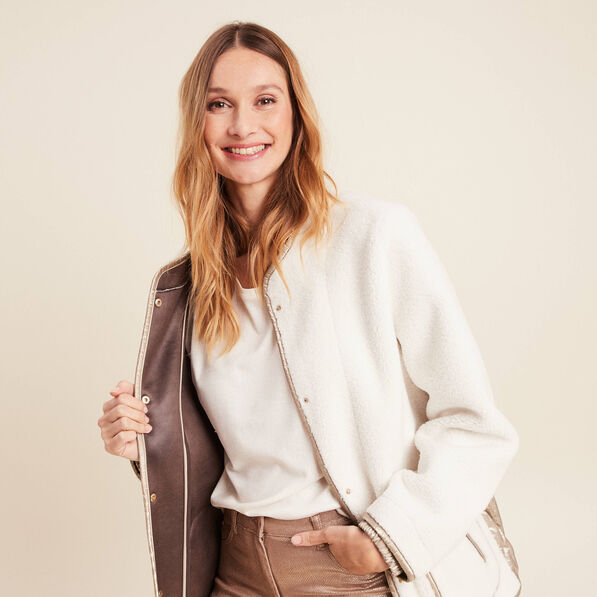 Manteau laine mouton à capuche ecru femme